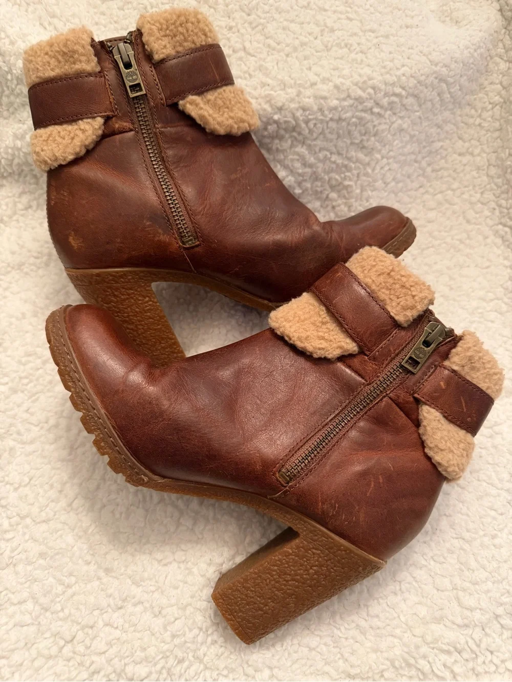 Timberland OrthoLite Glancy Fleece Cuff Zip Ankle Brown Leather Bootie 6.5